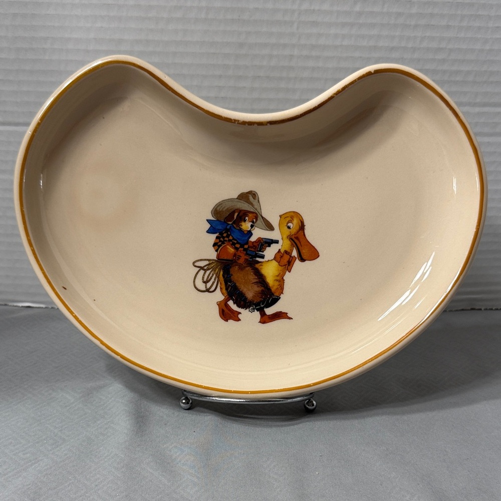 Vintage 1945 Santone Warwick China Dog Cowboy Riding Duck Ceramic Plate Dish USA
